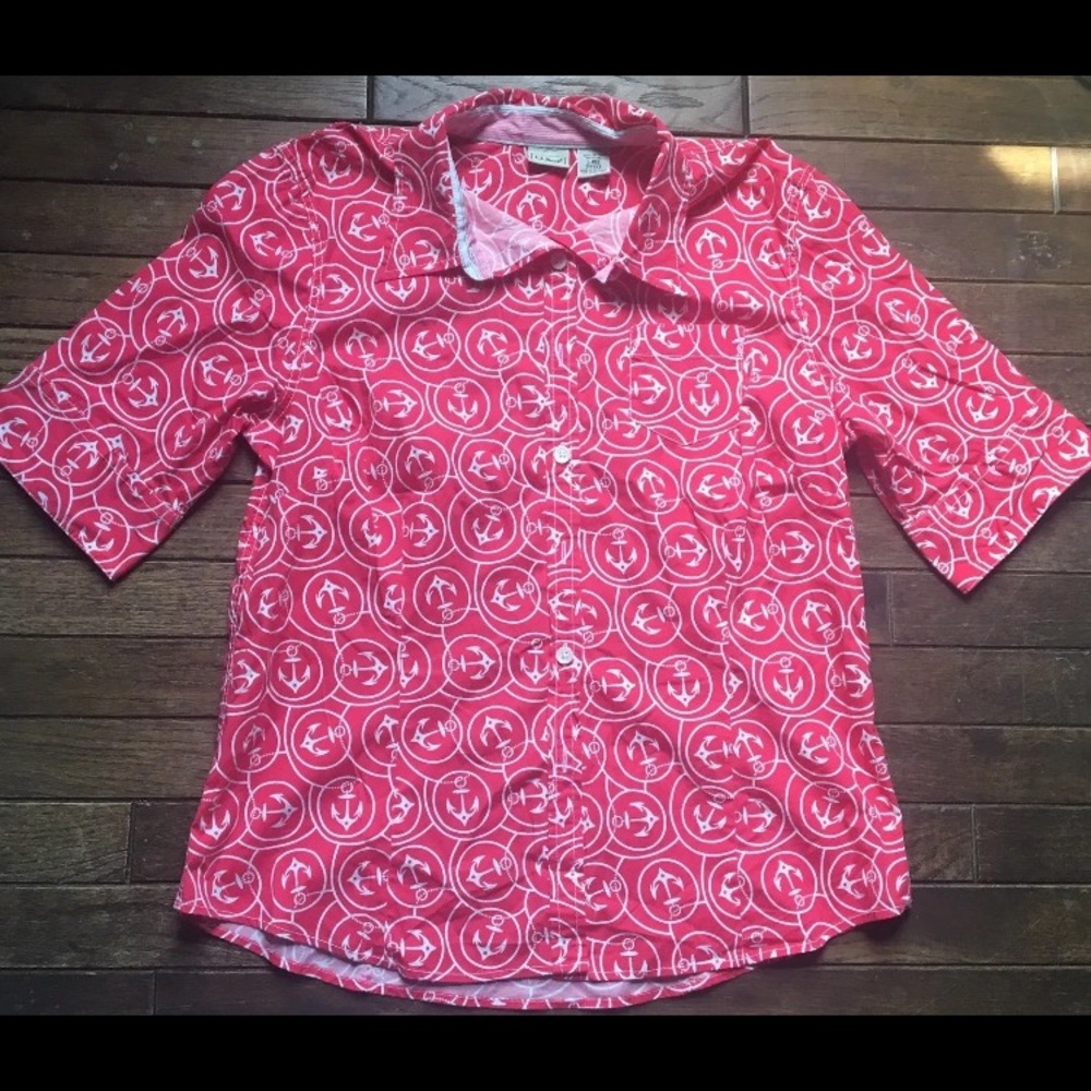 LL Bean Nautical Anchor Print Button Up Blouse